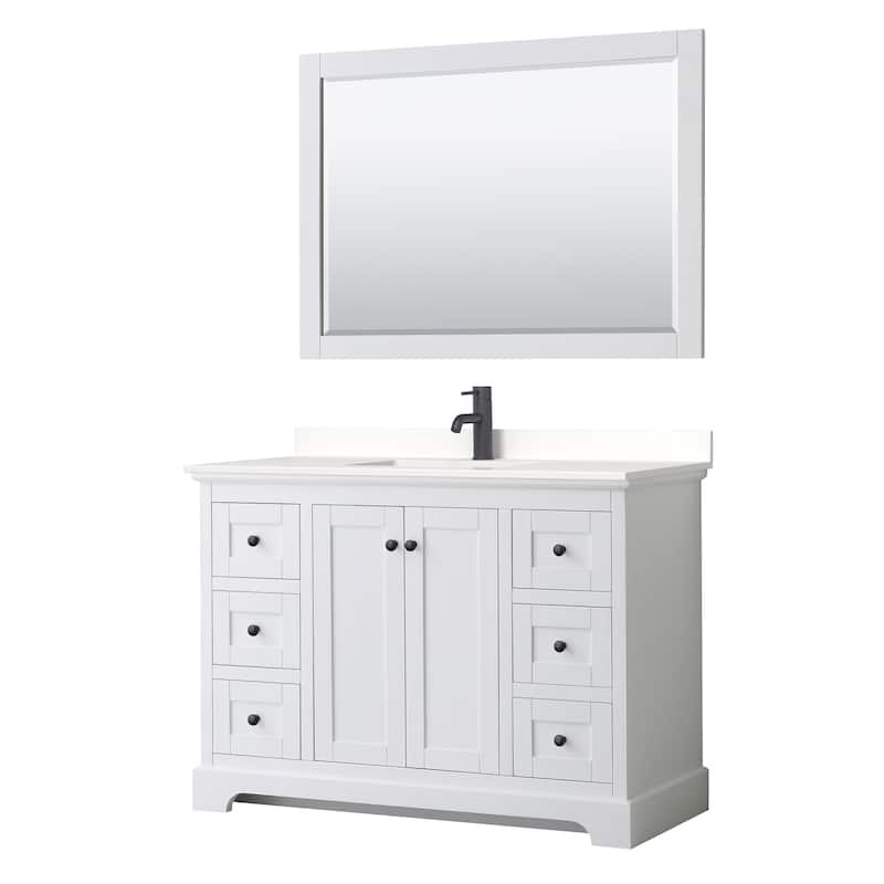Avery 48-inch Single Vanity, Quartz Top, 46-inch Mirror - White, Black Trim, White Quartz Top