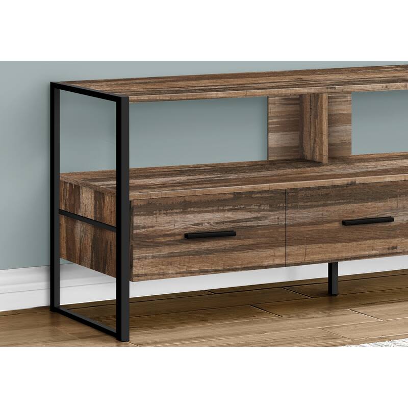 Modern 48" TV Stand, Industrial Design with 3 Storage Drawers & Open Shelves, Black Metal Frame