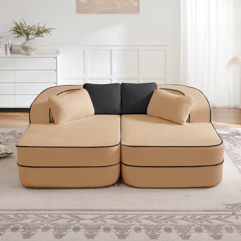 Rossetta 77.2" Modular Symmetrical Sectional Teddy Fabric Boneless Sofa, with Double Chaises - Camel