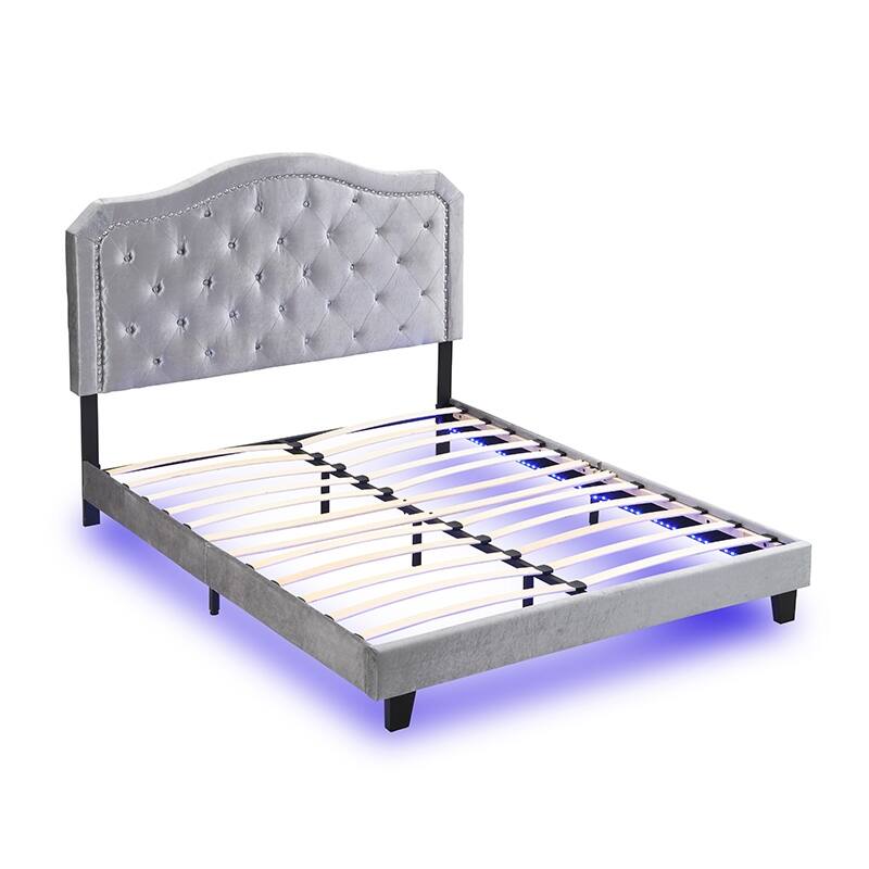 Elegant Upholstered Queen Bed with Button Tufted Curves, LED Lights, and Strong Wooden Slat Support, No Box Spring Needed