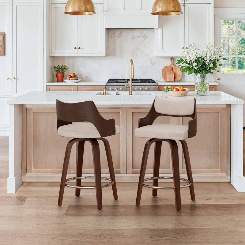 Set of 2 Modern Swivel Bar Stools with Curved Wood Back Upholstered Armrest Counter Stool - Tan Color
