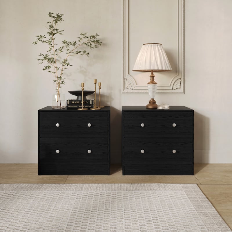 Clayfell Trenton 2-Drawer Nightstand, Set of 2, Modern Side Tables for Bedroom, Brown/Black