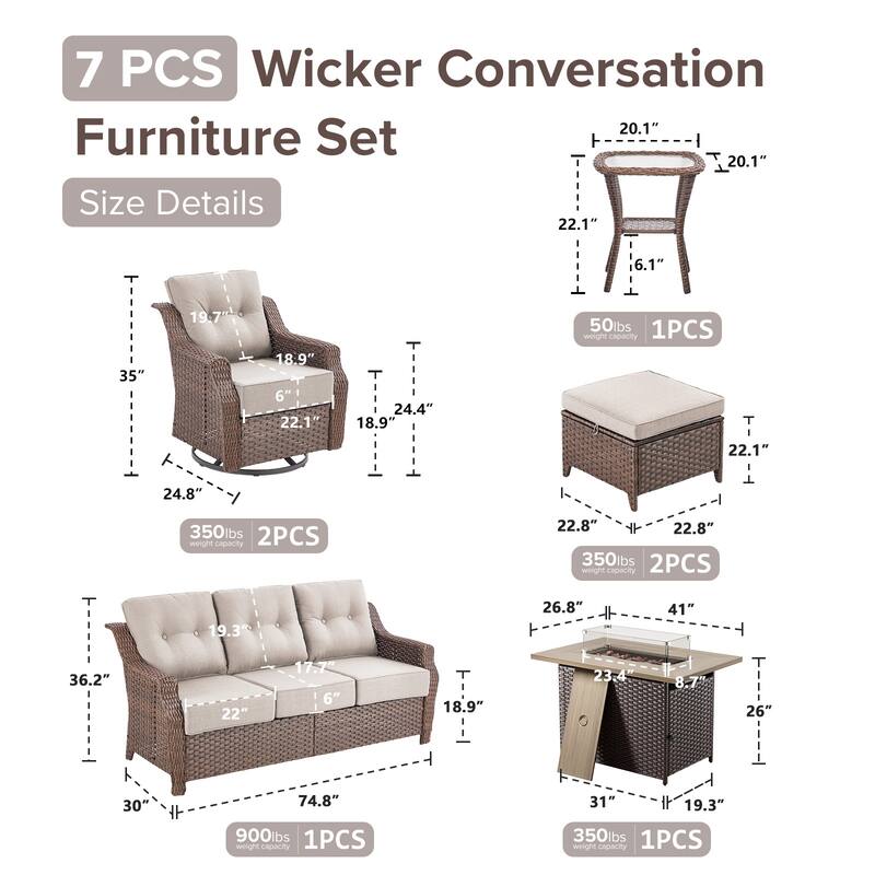 Gymojoy Wicker Patio Furniture Sofa Set with Fire Pit Table, 6-Inch Ultra Thick Cushioned 360° Swivel Glider Chairs