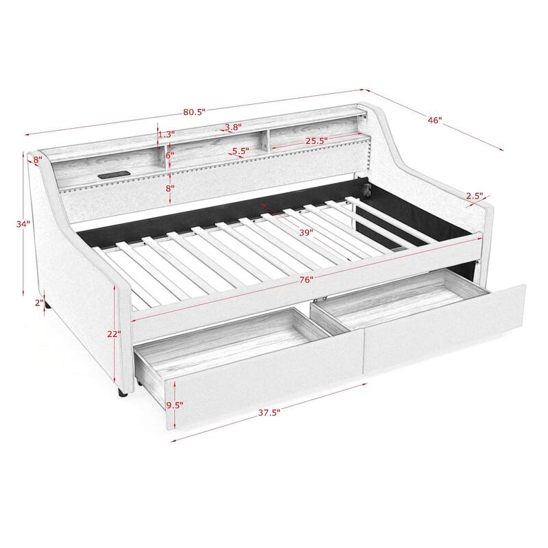 Roomfitters Twin Upholstered Sofa Bed with Adjustable Storage Headboard, Backlit Shelf and Underbed Storage Trundle