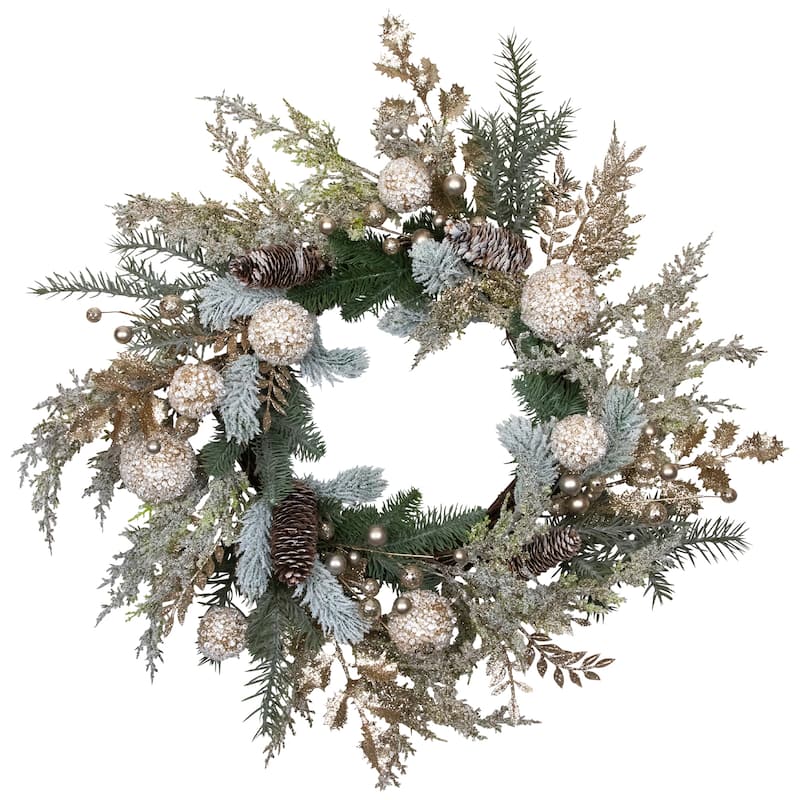 Glittered Mixed Foliage with Ornaments Artificial Christmas Wreath - 24" - Unlit