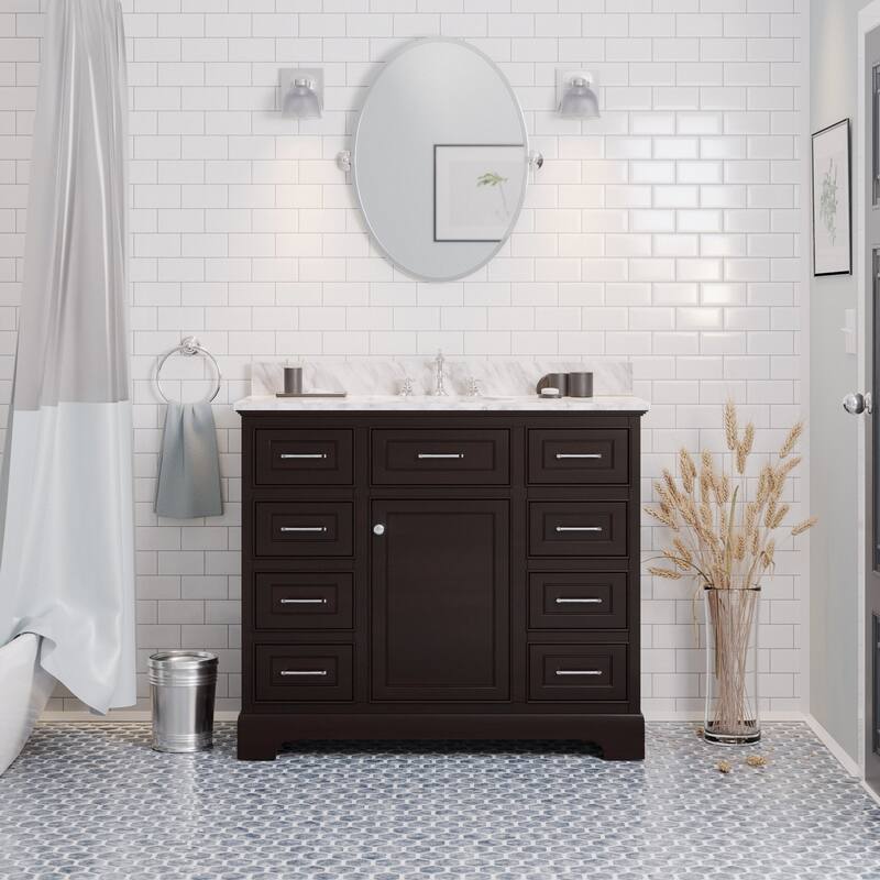 KitchenBathCollection Aria 42" Bathroom Vanity with Carrara Marble Top - Chocolate