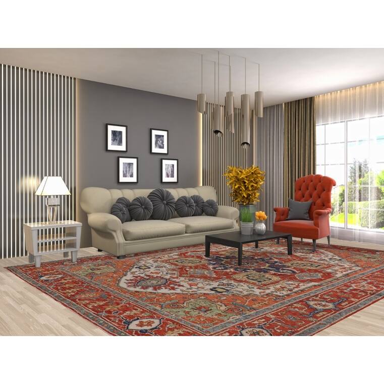 Orange & Ivory Heriz Serapi Indian Area Rug Hand-Knotted Wool Carpet - 8'9"x 11'10"