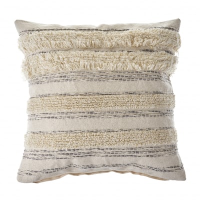 HomeRoots 20" X 20" Cream Gray And Gold 100% Cotton Striped Zippered Pillow