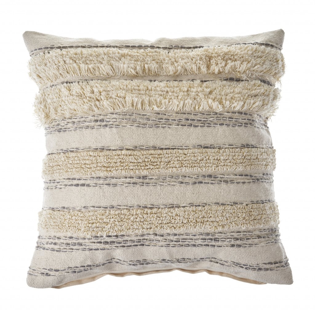 HomeRoots 20" X 20" Cream Gray And Gold 100% Cotton Striped Zippered Pillow