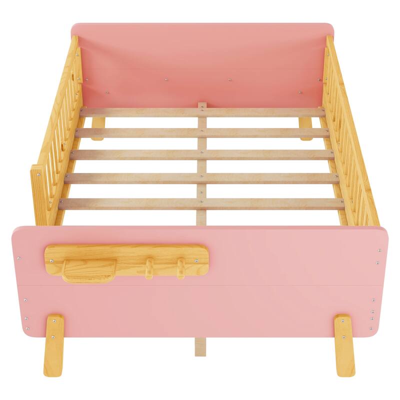 Kids Wood Platform Bed with Guardrails, Bottle Holder and 2 Hanging Rod, Convertible Toddler Daybed, Low Profile Design Frame