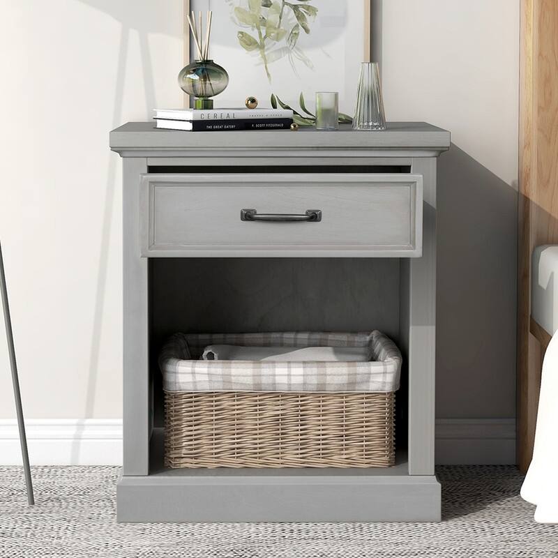 Modern Style Wooden Nightstand with Drawers Storage - Grey
