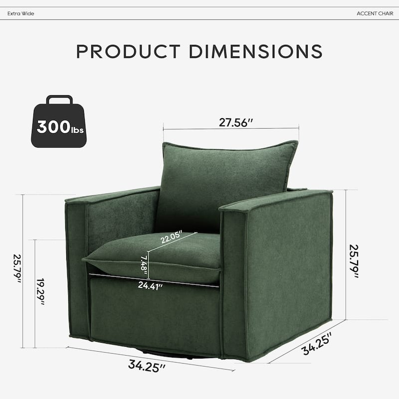 Swivel Accent Chair, 34'' Wide Upholstered Arm Chair with Plump Back Pillow, Modern Sofa Living Room Chair for Bedroom, Corner