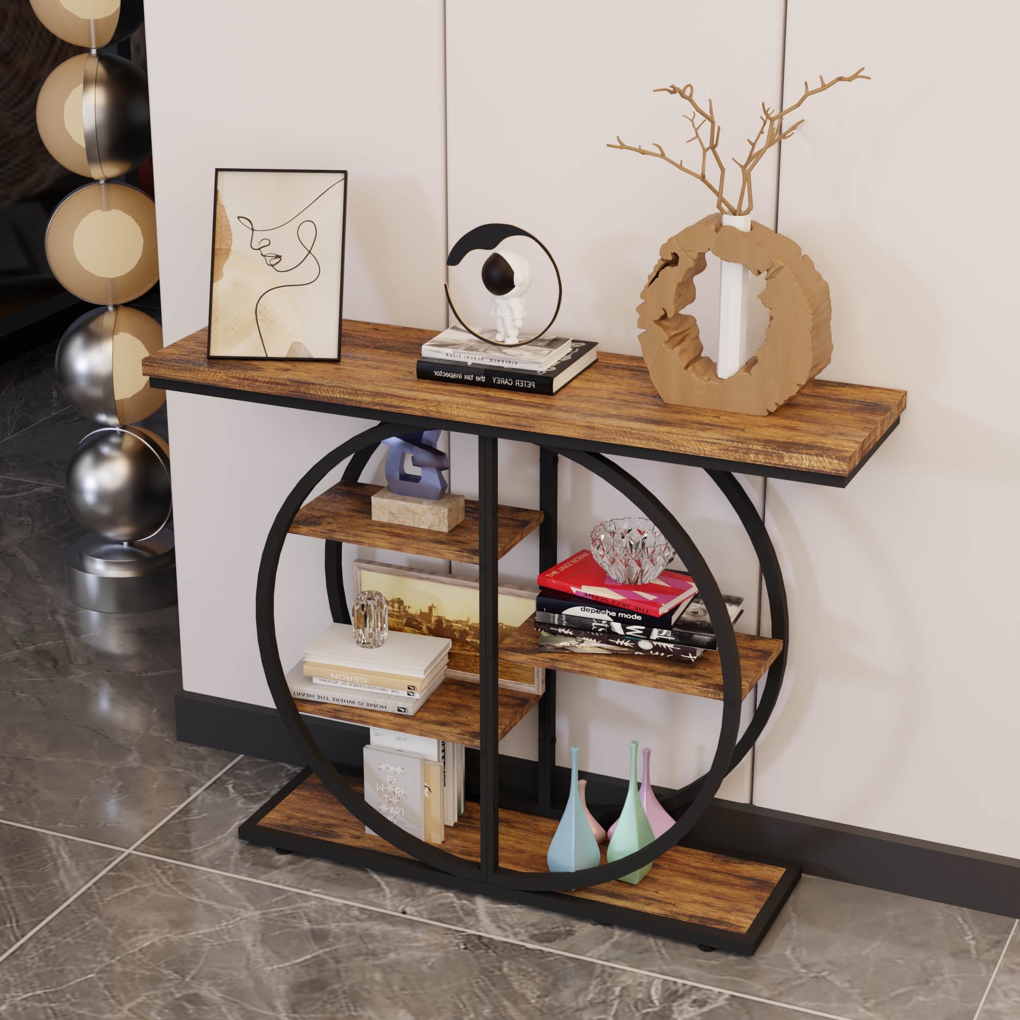 41.3 Inch Industrial Console Table for Entryway, Narrow Sofa Table with Storage Shelves & Circle Base