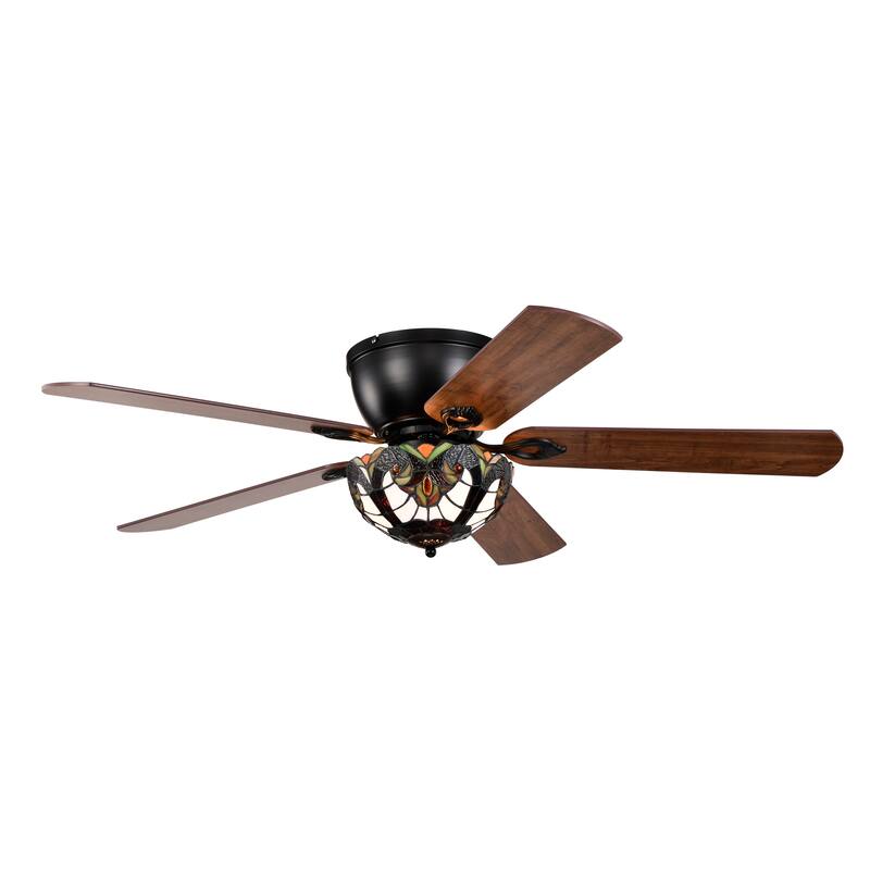 Apgrie 52-Inch Flushmount Lighted Ceiling Fan Warm Tones Tiffany Glass Lamp Black Finish