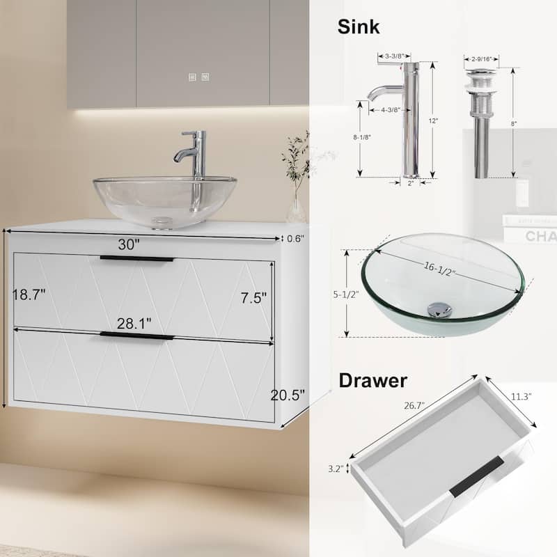 Modern Wall Mounted Bathroom Vanity Set with Vessel Sink & Faucet