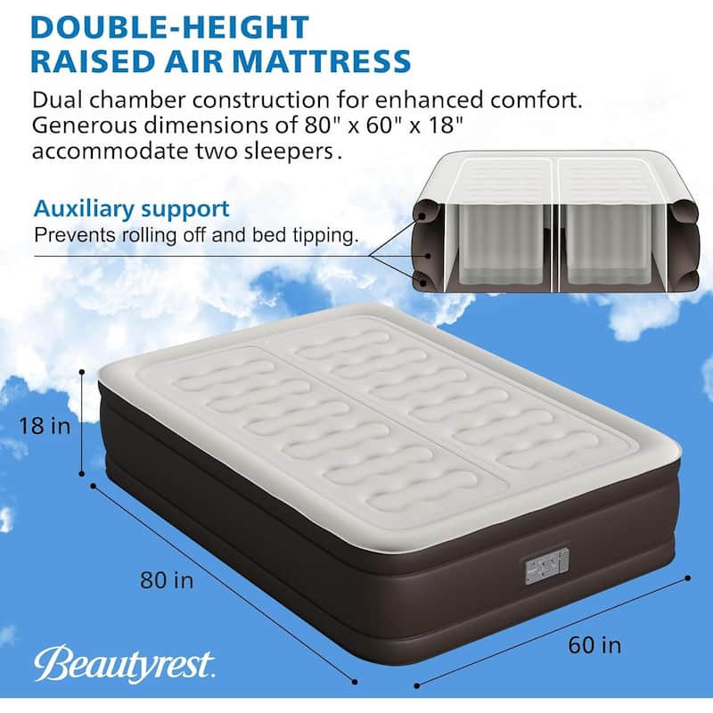 Beautyrest 18" Duet Queen Size Air Mattress - Adjustable Plush/Firm Sides, Edge Support, High-Speed Pump