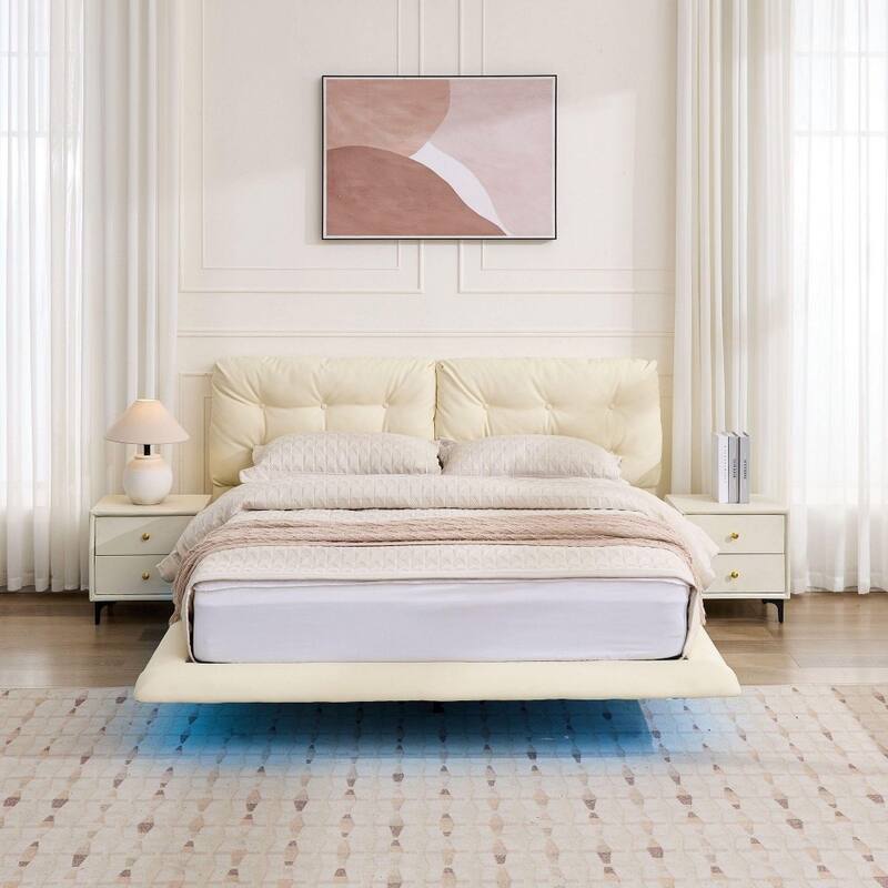 Queen Size Upholstered Floating Platform Bed Frame with LED Lights with Button-tufted Headboard