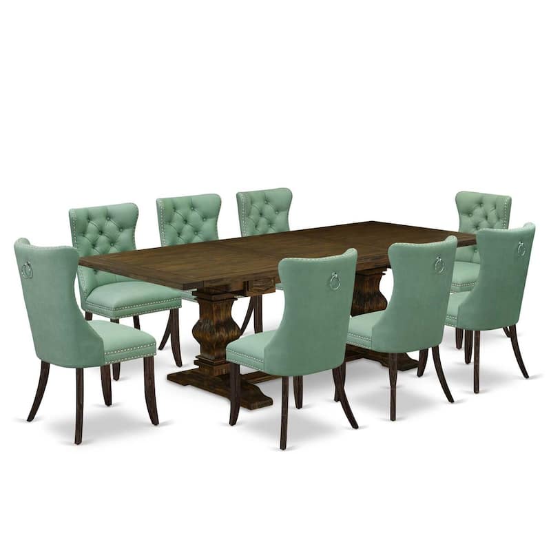 9 Piece Dining Set - Rectangle Table with Leaf & 8 Kitchen Chairs - Jacobean Finish