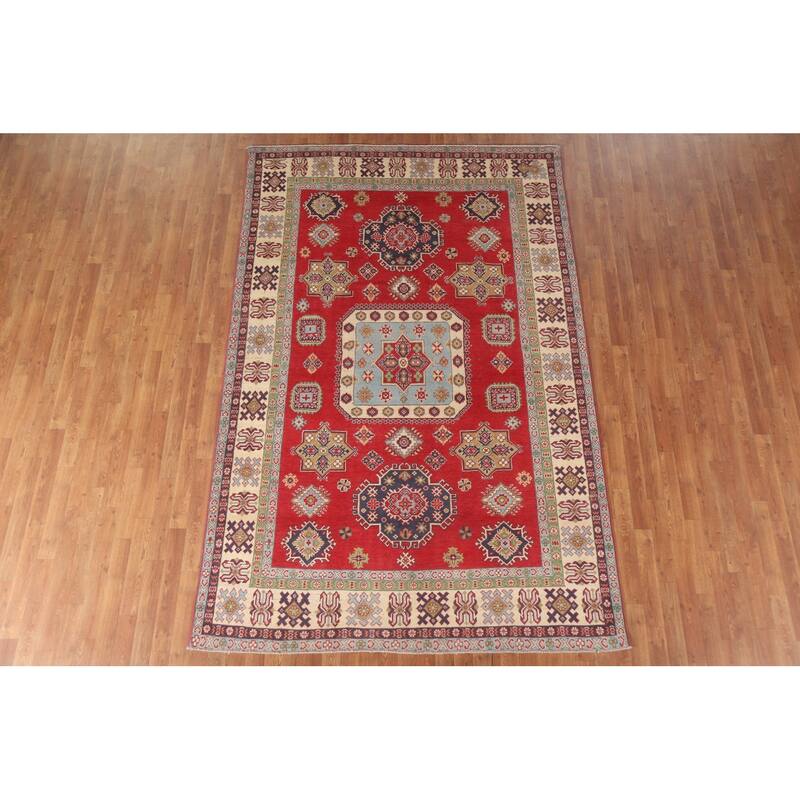 Hand Knotted Oriental 100% Wool Carpet Traditional Geometric Red Kazak Area Rug - 9' 8'' X 6' 3''