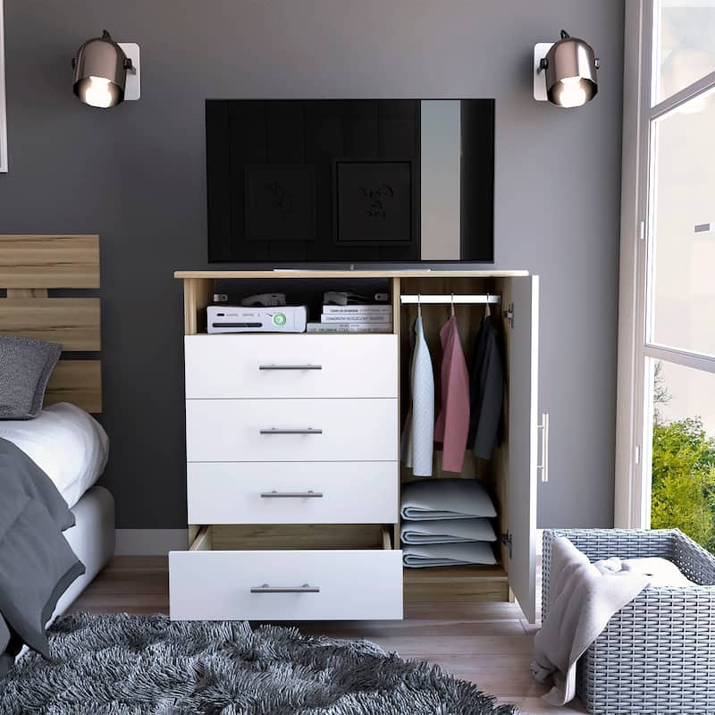 TUHOME Peru 4 Drawer Dresser with Vertical Cupboard & Open Shelf