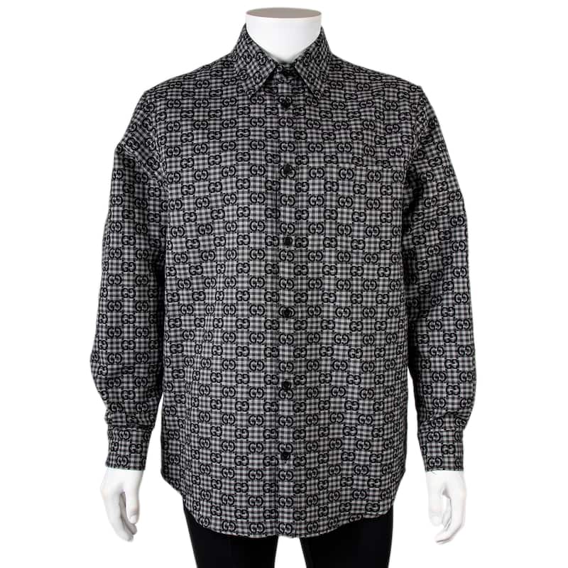 Gucci Men's GG Gingham Cotton Wool Jacquard Shirt - 44