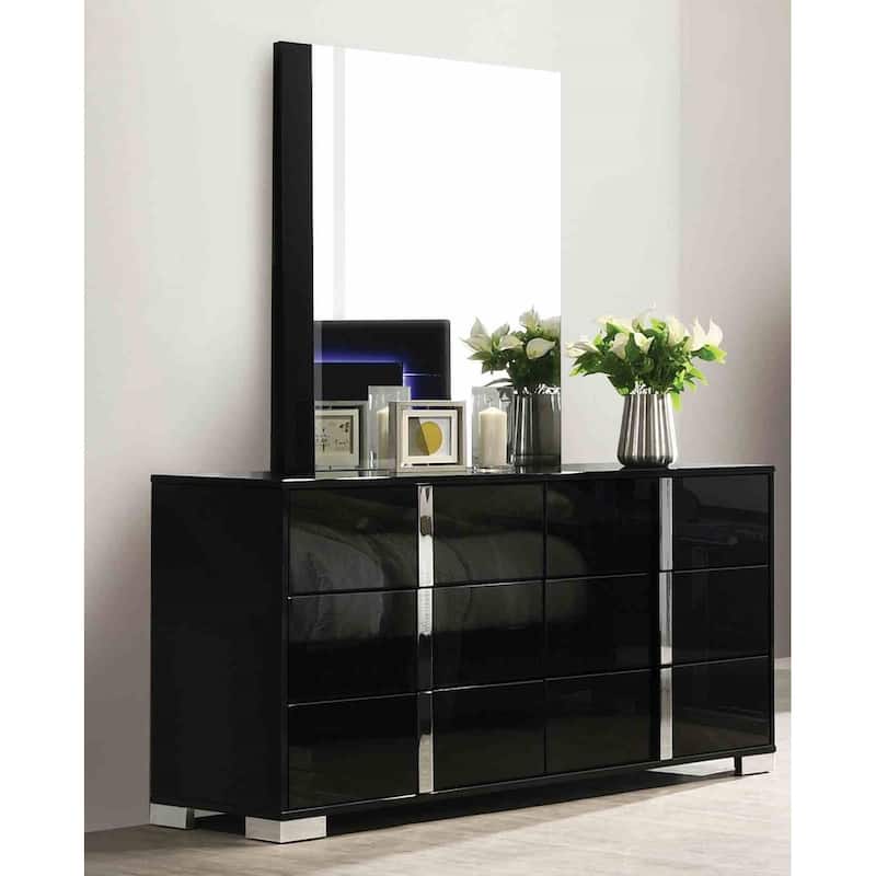 Modern Piano-Black Bedroom Set with LED Headboard and Chrome Details