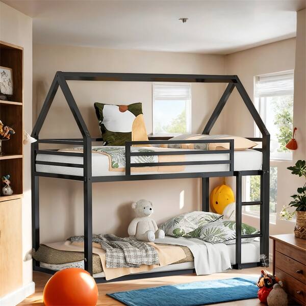 slide 2 of 17, Twin Over Twin House Bunk Bed with Built-in Ladder