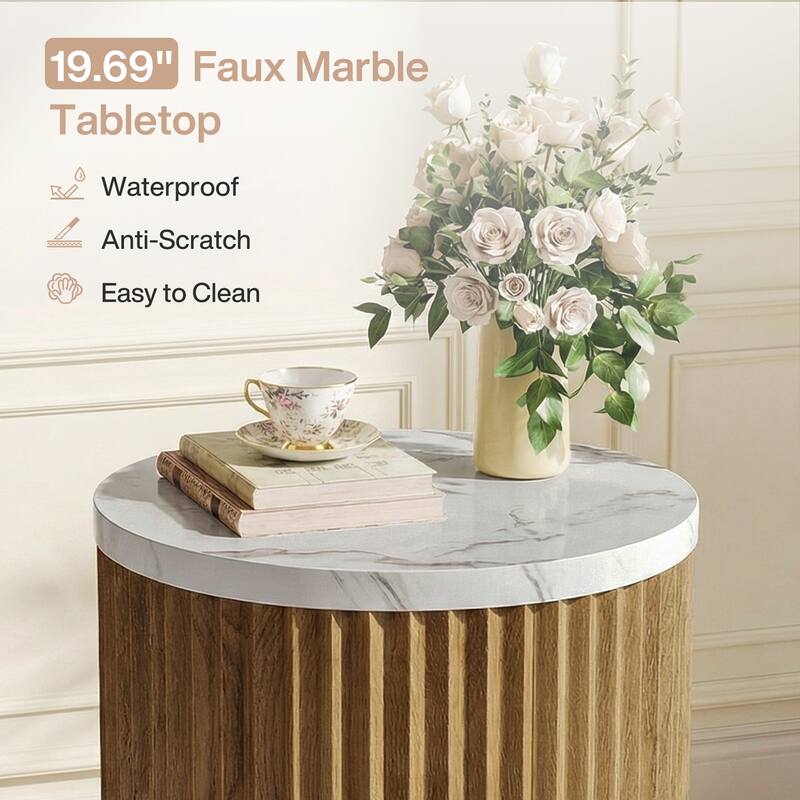 Round Fluted Side Table, Small End Table with Faux Marble Tabletop and Drum Pedestal