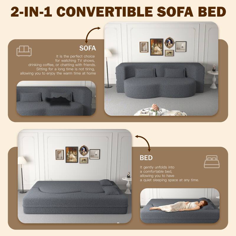 Anmytek Convertible Teddy Fabric Floor Sofa Bed Twin Size Folding Mattress with 2 Pillows Dark Grey
