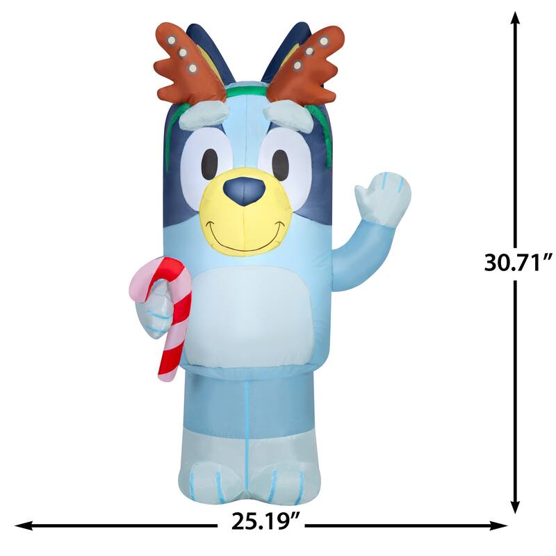 Airblown-Bluey w/Antlers Holding Candy Cane-Bluey