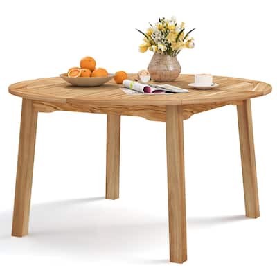 Gymax Round Patio Dining Table Acacia Wood Outdoor Dining Table w/ 2''