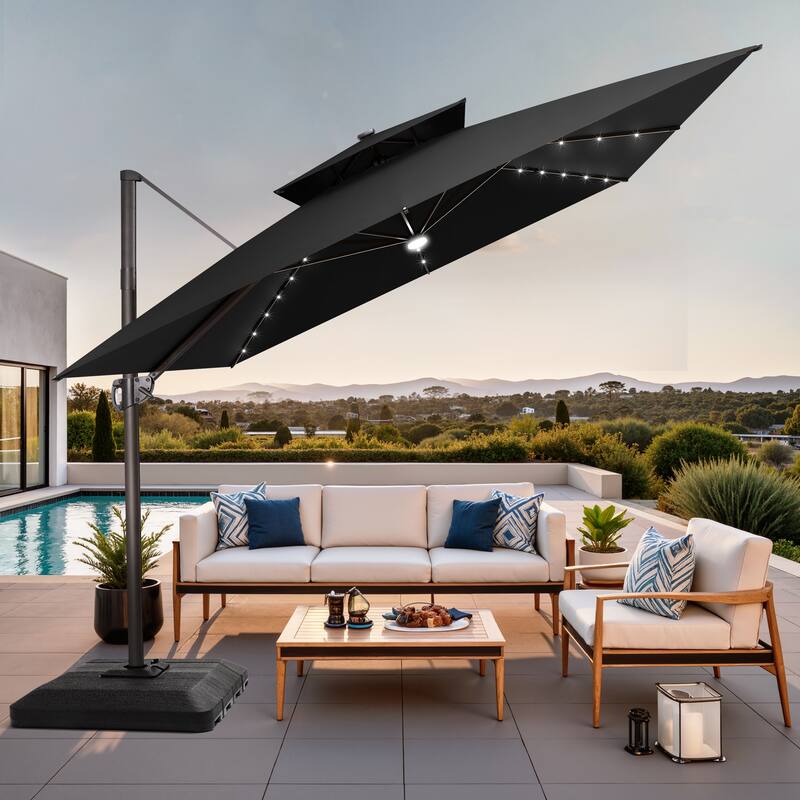 11 FT Square Outdoor Patio Cantilever Umbrella with Solar Lights 4-Piece Premium Base Double Canopy 360 Rotation Tilt - Black