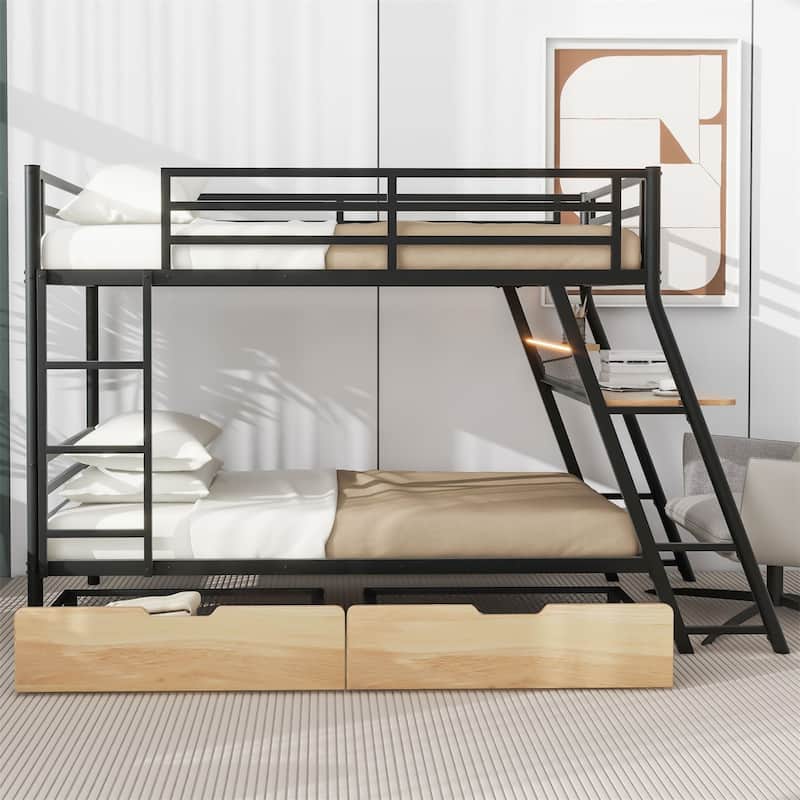 Merax Metal Bunk Bed with Built-in Desk, Light and 2 Drawers