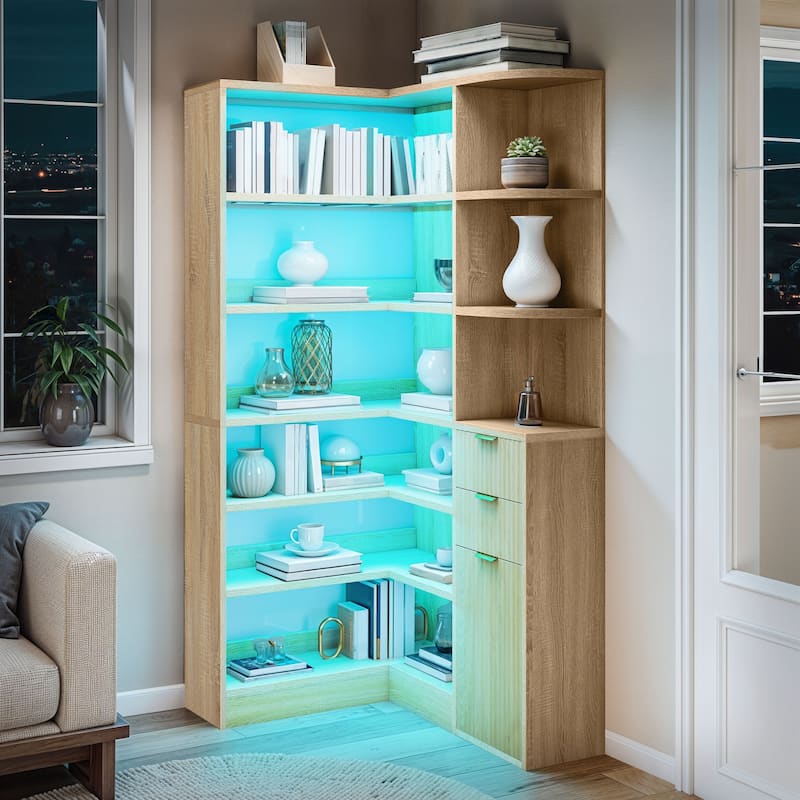 Moasis Modern LED Corner Bookshelf Fluted Bookcase with Drawers for Living Room - Oak - 71"H
