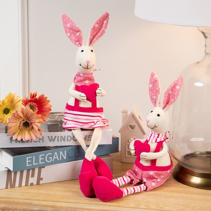 Sitting Girl Easter Rabbit Decoration with Dangling Legs - 16.5" - Cream and Pink