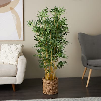 Green Faux Foliage Indoor Outdoor Artificial Tree with Realistic Leaves and Brown Seagrass Pot