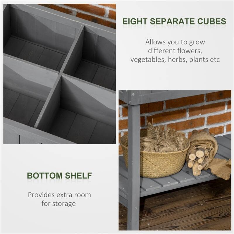 Elevated Dark Grey Wooden Raised Garden Bed with 8 Planter Boxes and Bottom Storage Shelf - 43.25" L x 18" W x 30" H