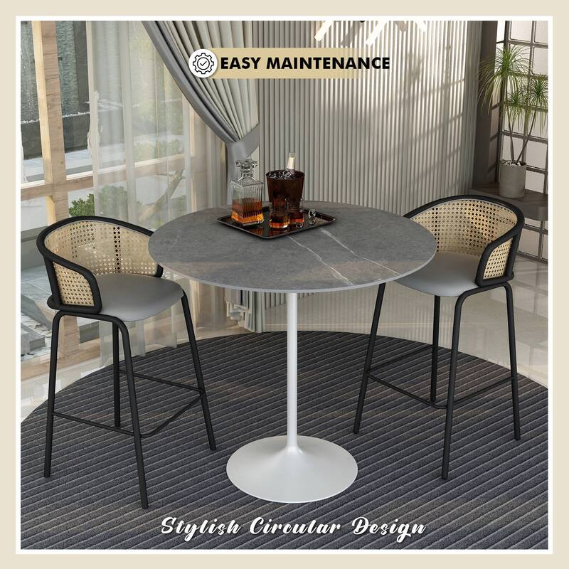 LeisureMod Verve 48" Round Bar Dining Table with Stone TableTop and White Steel Base for Kitchen & Dining Room