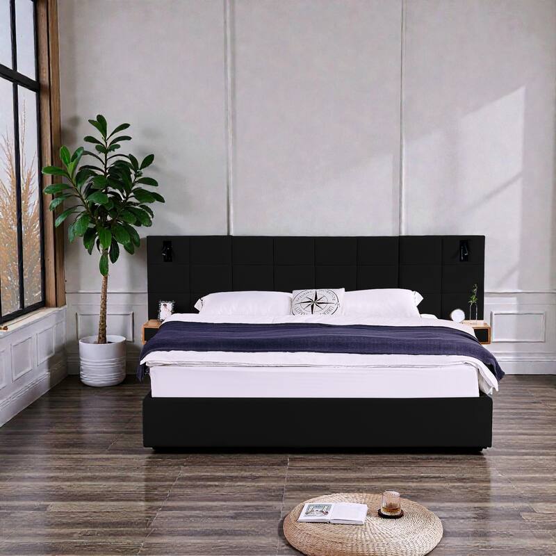 King Size Velvet Upholstered Hydraulic Storage Platform Bed with Shelves, Reading Lamps & USB Charging Port - Black - King