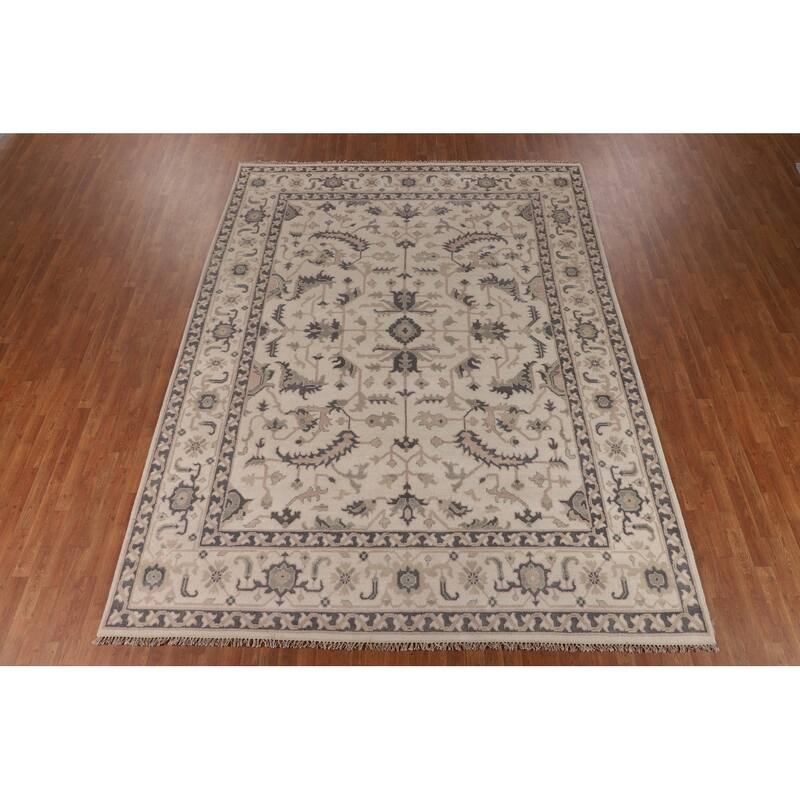 All-Over Ivory Floral Oushak Indian Area Rug Handmade Wool Carpet - 9'2"x 12'1"