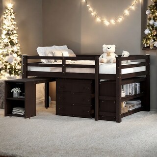 Contemporary Low Study Full Loft Bed with Cabinet and Rolling Portable Desk, Solid Construction & Versatility Galore, Espresso