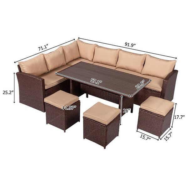 dimension image slide 0 of 6, 8-Piece Set Outdoor Rattan Dining Table And Chair Brown with Cushion