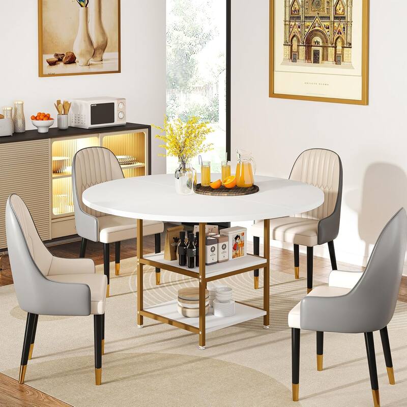 47-Inch Round Wood Dining Table for 4 With Storage Shelf Large Kitchen Table for Home Dining/Living Room