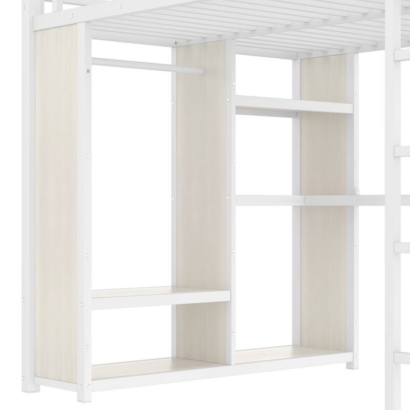 Roomfitters Queen Size Metal Loft Bed Frame with Built-in Wardrobe, Desk & Storage Shelves, Space-Saving Design
