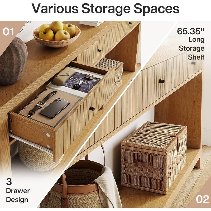 Extra Long Wood Console Table, Oak Sofa Entryway Table with 3 Drawers & Storage Shelves for Living Room, Hallway, Foyer