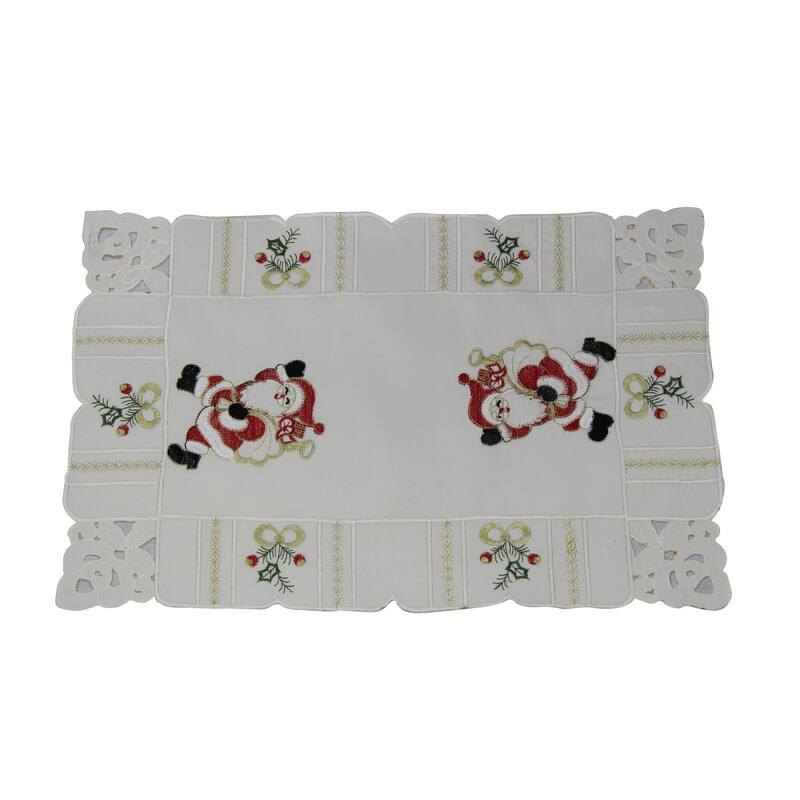 Violet Linen Santa Claus Holly Bows Embroidery Pattern, Polyester Cutwork, Set of 4, Decorative Place Mats - 12" X 18" - Ivory