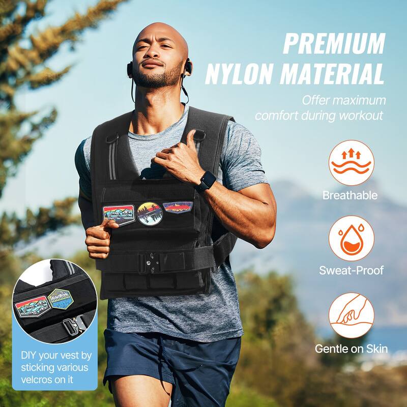 Black Nylon Weighted Vest with Metal Buckle and Reflective Stripes - 35 lbs