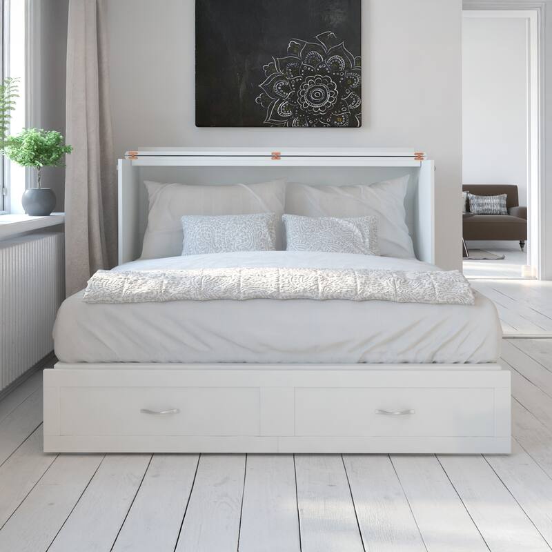 Hamilton Queen Murphy Bed Chest with 6" Mattress, Storage Drawer & Built-In Charger in White