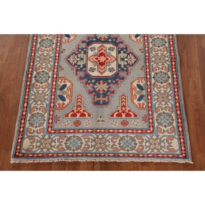 Kazak Oriental Accent Rug Handmade Gray Geometric Wool Carpet - 3'7"x 4'10"