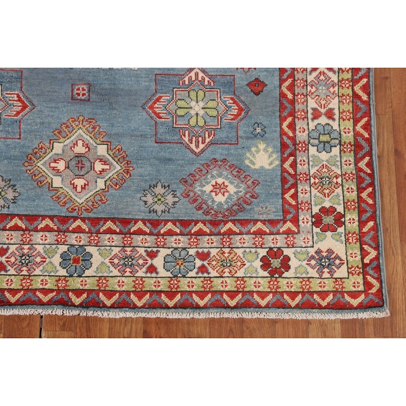 Blue Geometric Kazak Oriental Area Rug Handmade Floral Wool Carpet - 5'2" x 6'3"